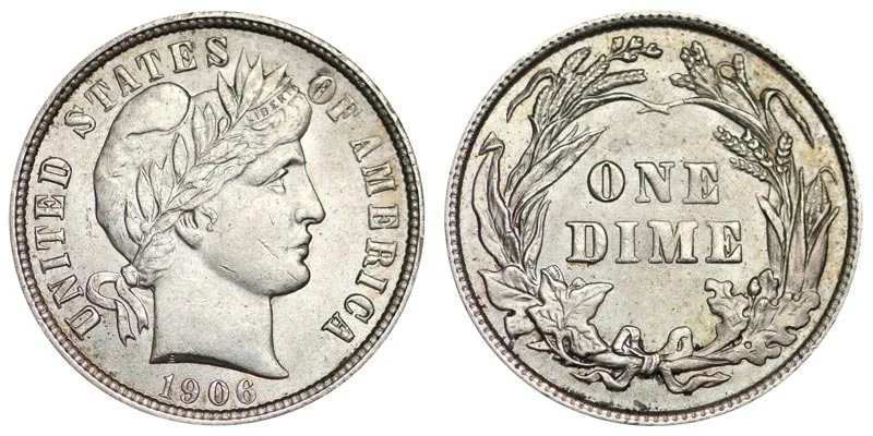 1906 Barber Dime obverse showing Lady Liberty portrait with LIBERTY headband and 1906 date