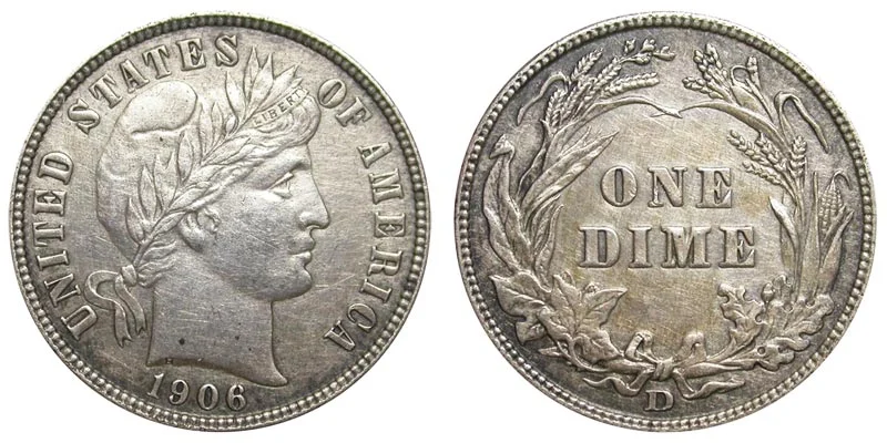 Side-by-side comparison of 1906-D regular Barber Dime versus 1906-D Specimen strike showing field reflectivity differences