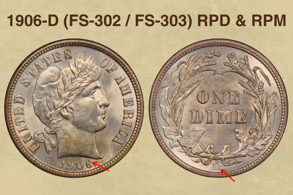 Close-up of 1906-D Barber Dime mint mark showing repunched D with secondary punch offset