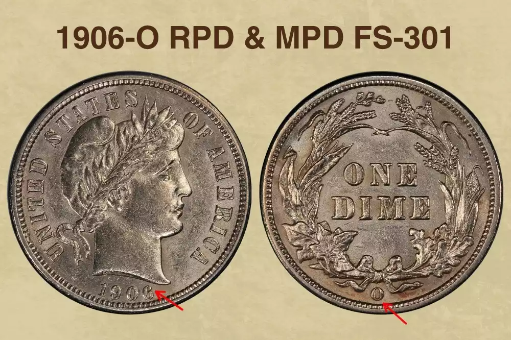 Close-up of 1906-O Barber Dime showing misplaced date digit fragments in the denticles below the date