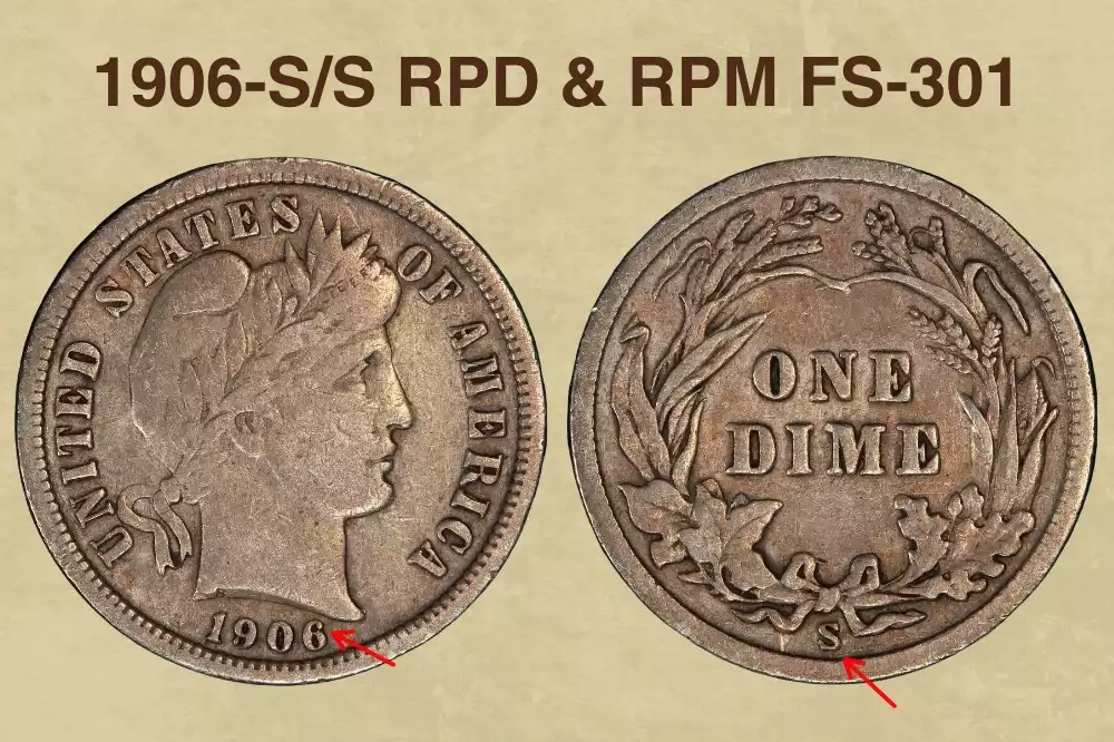 Close-up of 1906-S Barber Dime showing the S/S repunched mintmark with secondary S impression visible