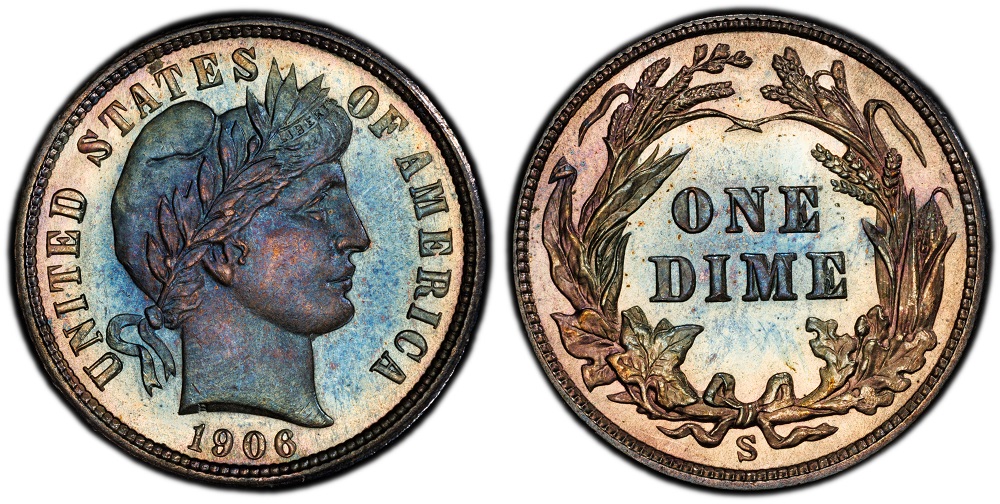 1906 Barber Dime grading strip showing four condition tiers from Worn through Gem Mint State side by side